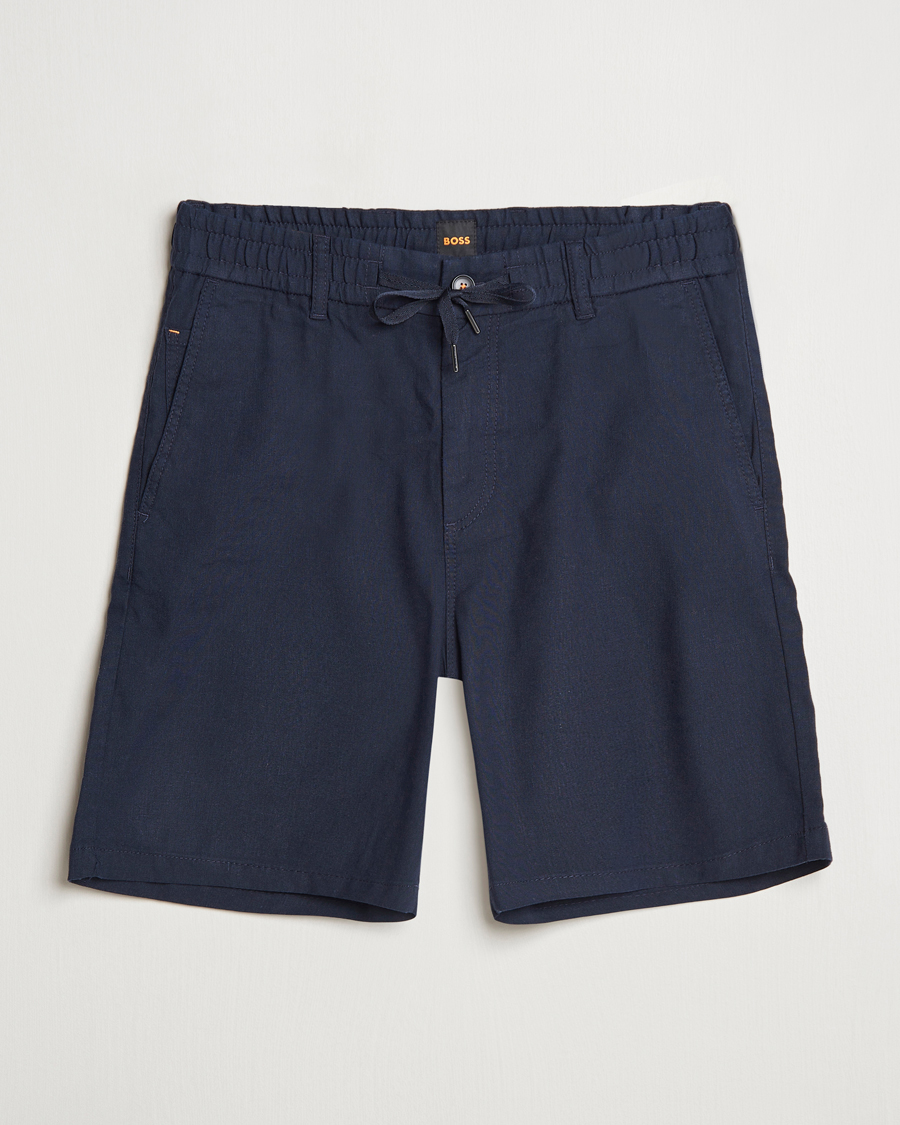 Men | Shorts | BOSS ORANGE | Tapered Linen Chino Drawstring Shorts Dark Blue