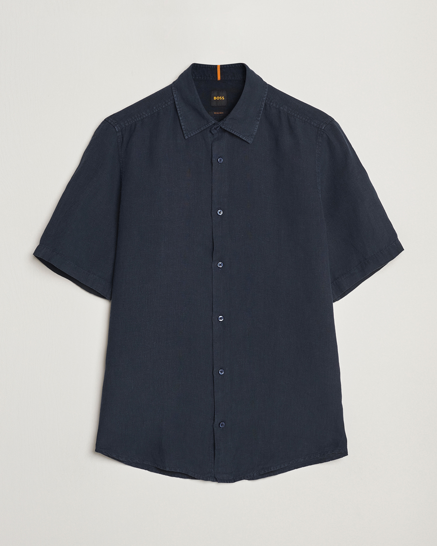 Men | Shirts | BOSS ORANGE | Rash Linen Short Sleeve Shirt Dark Blue