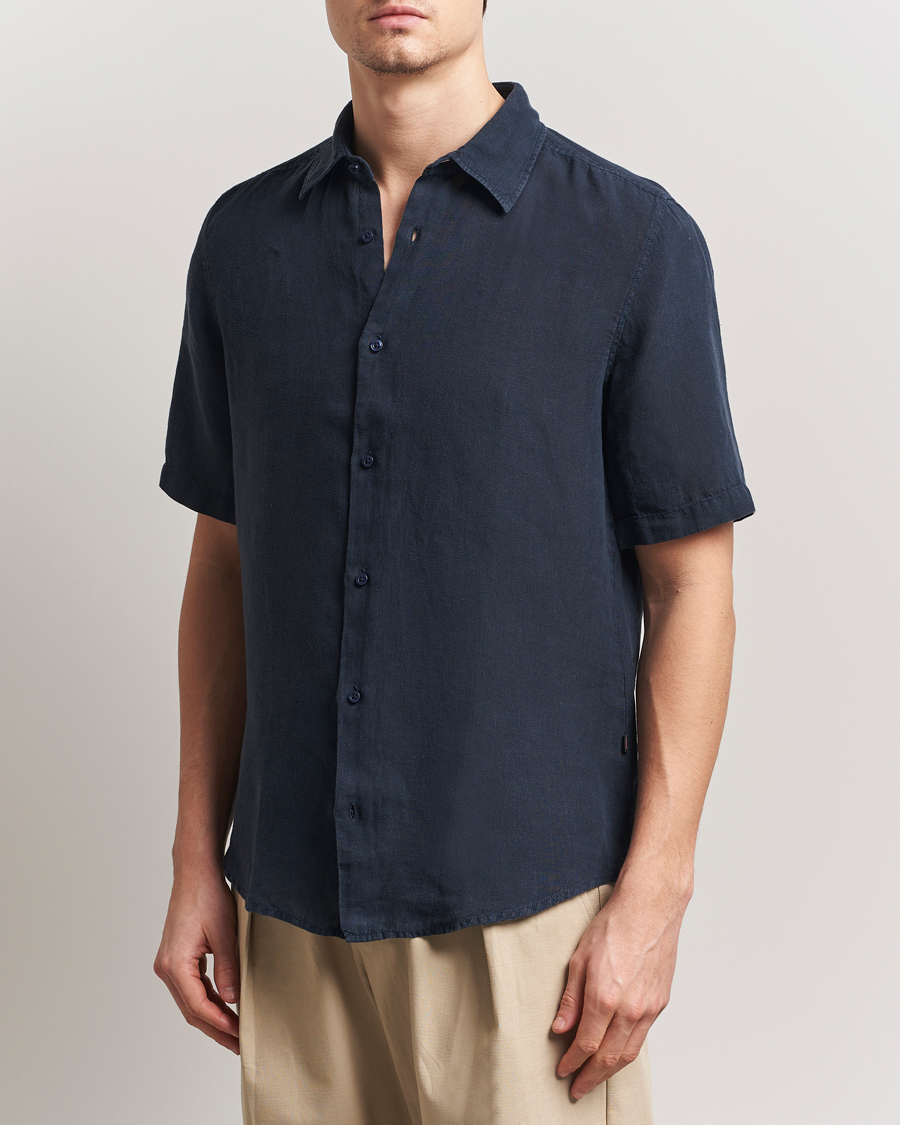 Men | Shirts | BOSS ORANGE | Rash Linen Short Sleeve Shirt Dark Blue