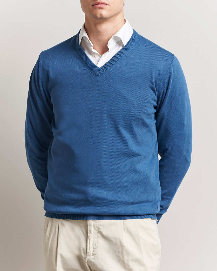 Men | Sweaters & Knitwear | Morgano | Supersoft Egyptian Cotton V-Neck Mid Blue