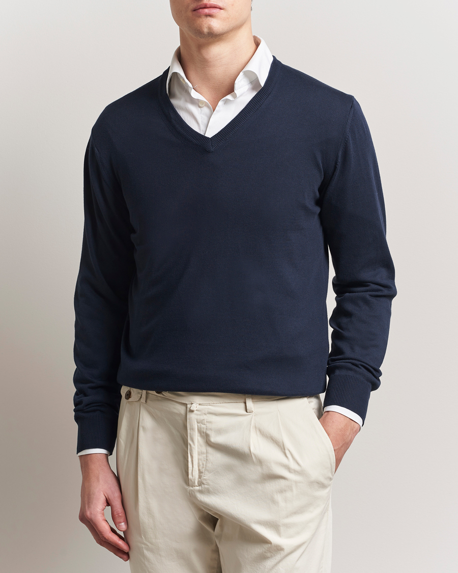 Men | Sweaters & Knitwear | Morgano | Supersoft Egyptian Cotton V-Neck Navy