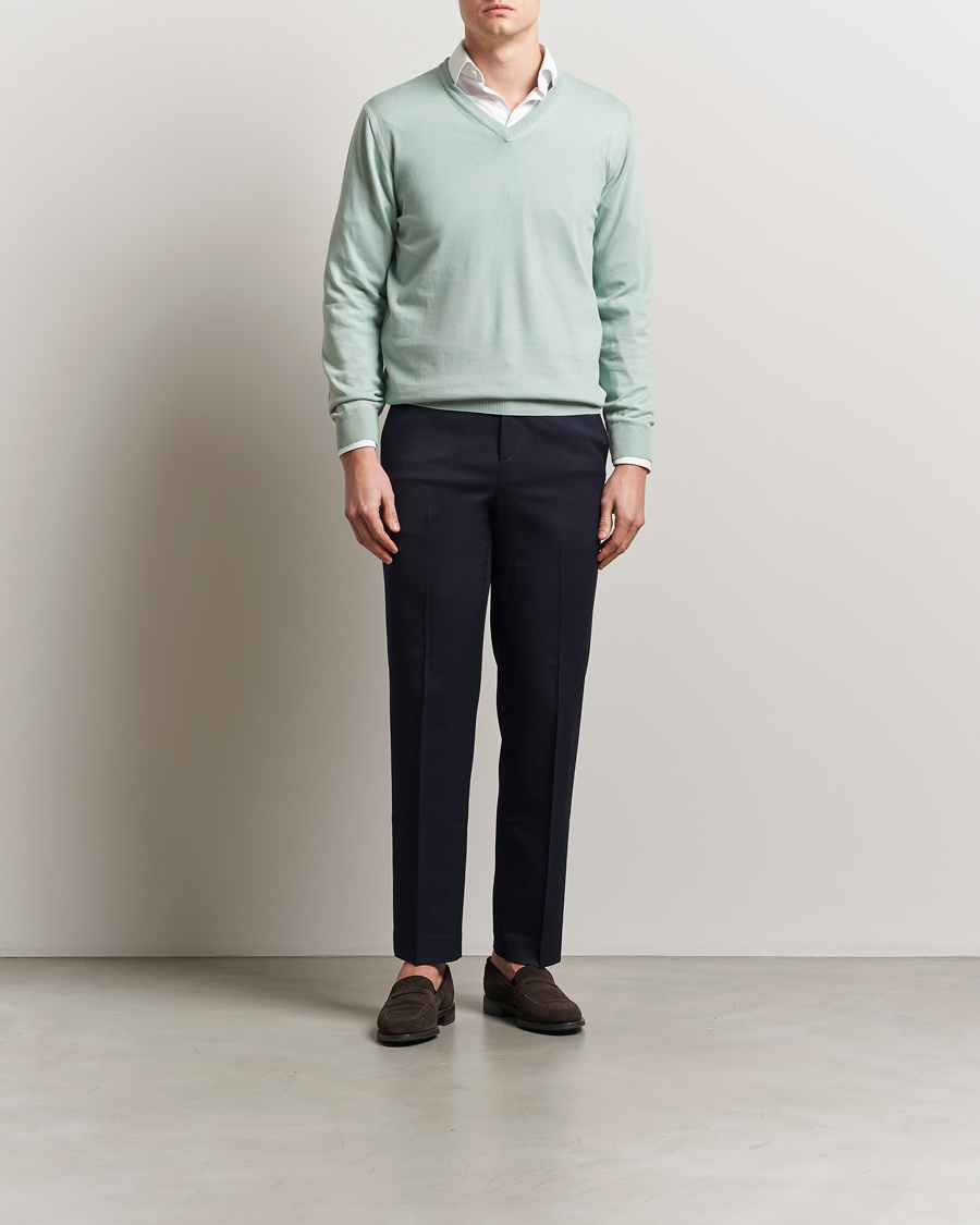 Men | Sweaters & Knitwear | Morgano | Supersoft Egyptian Cotton V-Neck Light Green