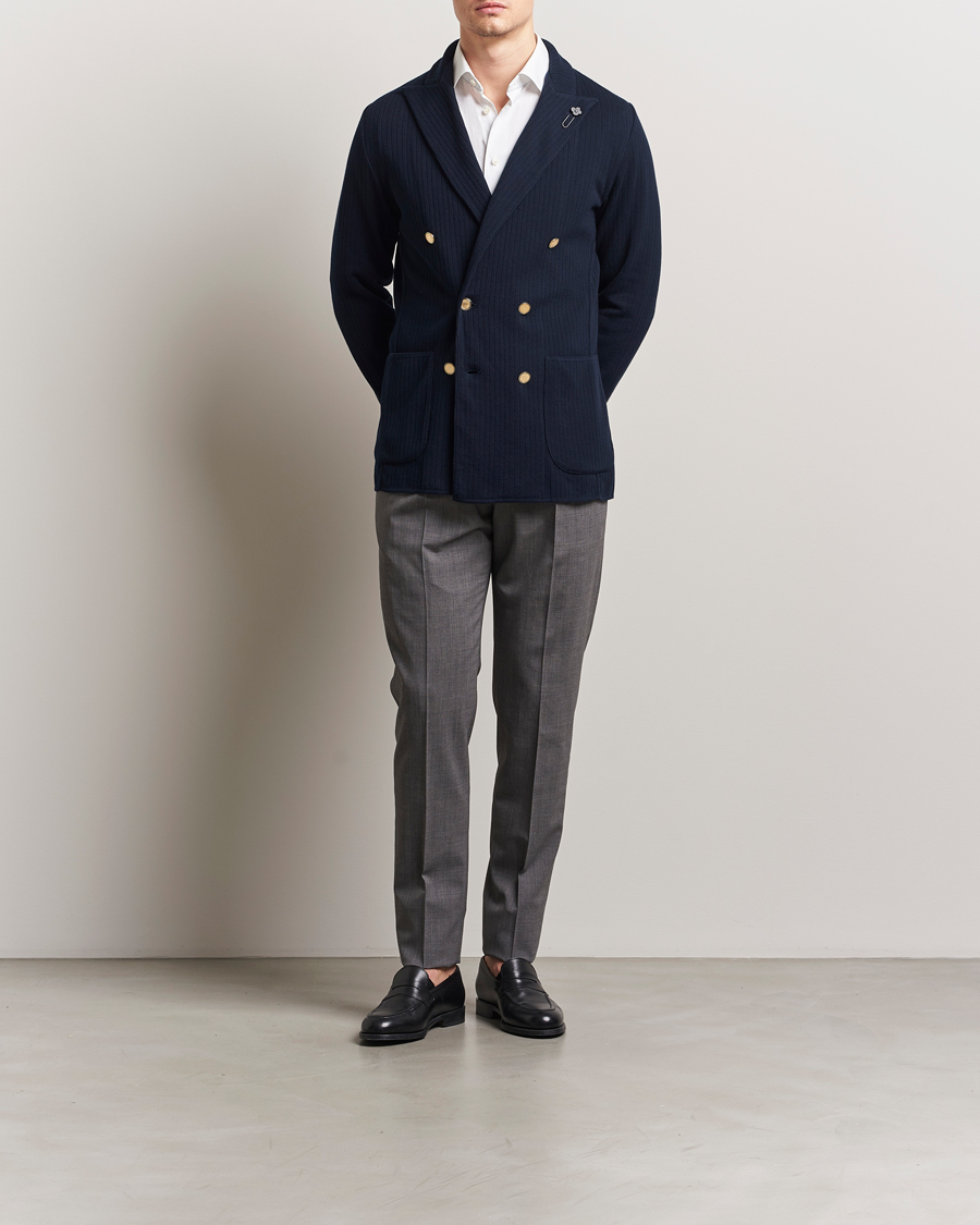 Men | Blazers | Lardini | Double Breasted Knitted Cotton Blazer Navy