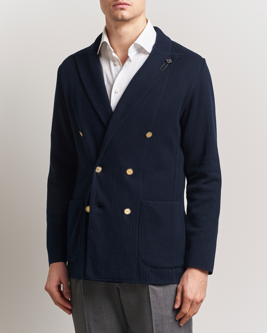 Men | Blazers | Lardini | Double Breasted Knitted Cotton Blazer Navy