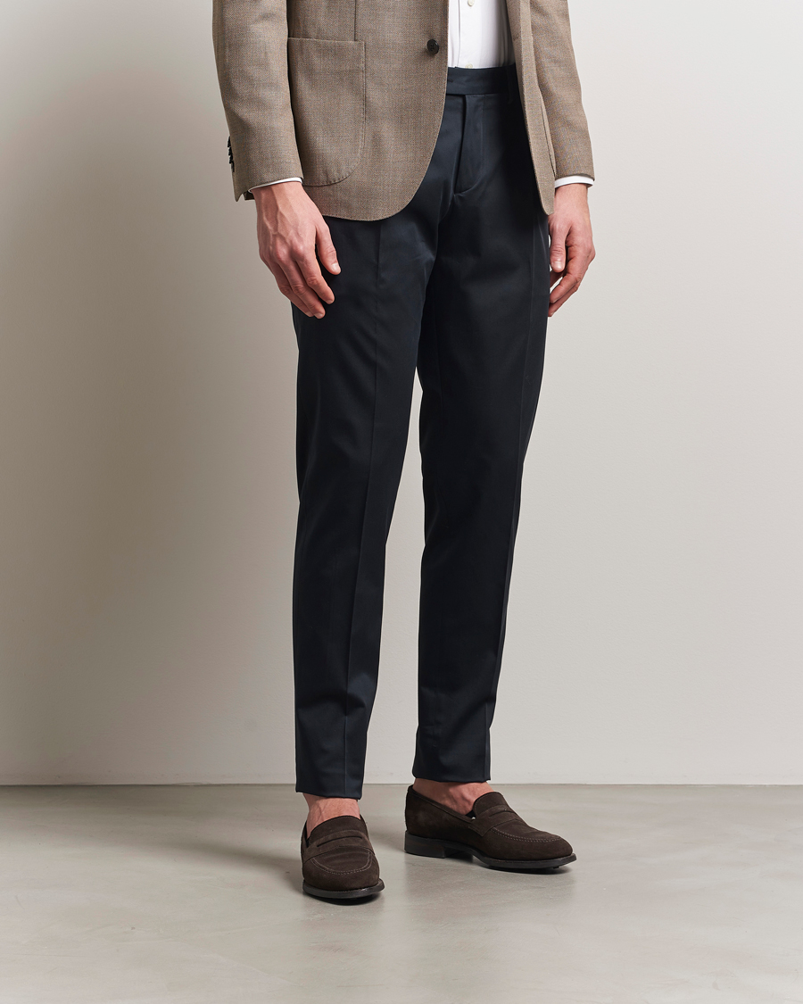 Men | Trousers | Lardini | Pleated Cotton Stretch Trousers Navy
