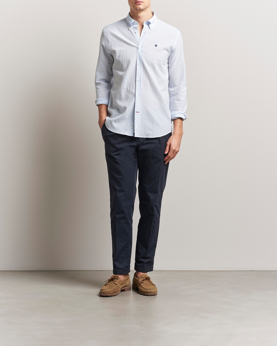 Men | Shirts | Morris | Slim Fit Striped Seersucker Shirt Light Blue