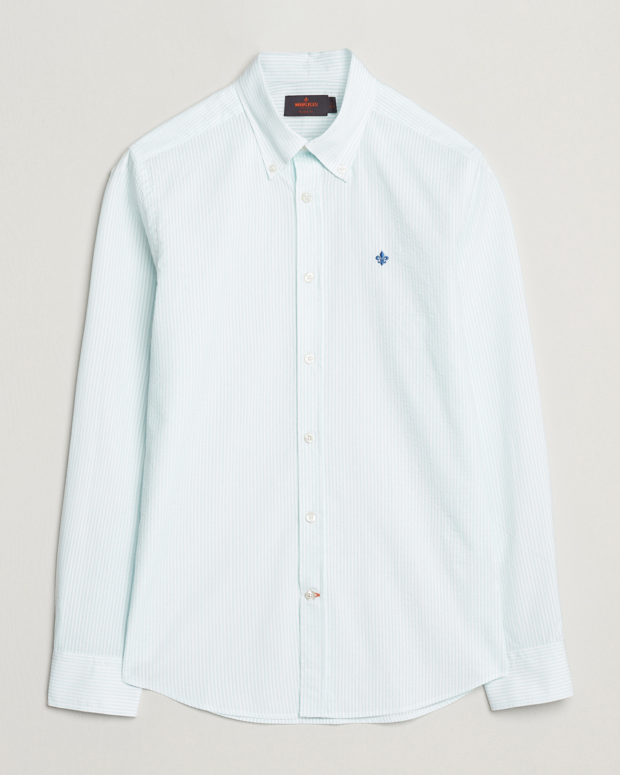 Men | Shirts | Morris | Slim Fit Striped Seersucker Shirt Turquoise