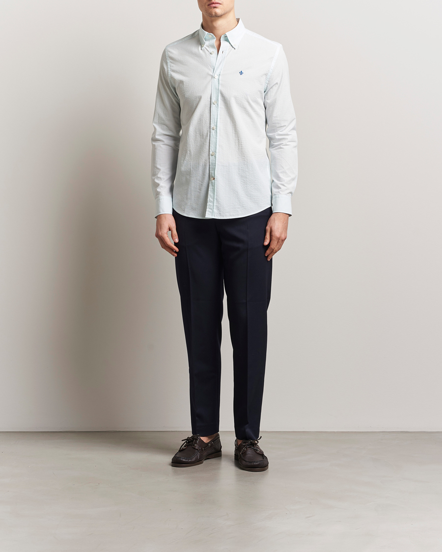 Men | Shirts | Morris | Slim Fit Striped Seersucker Shirt Turquoise