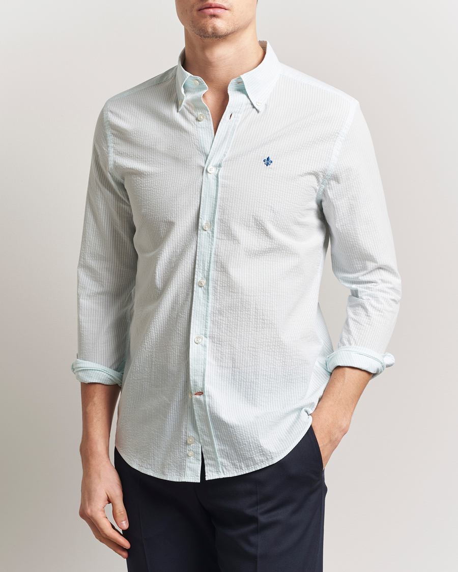 Men | Shirts | Morris | Slim Fit Striped Seersucker Shirt Turquoise