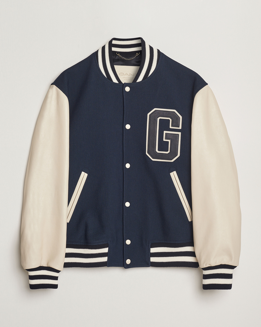 Men | Coats & Jackets | GANT 240 Mulberry Street | Leather Mix Varsity Jacket Navy