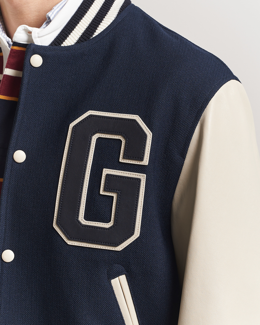 Men | Coats & Jackets | GANT 240 Mulberry Street | Leather Mix Varsity Jacket Navy