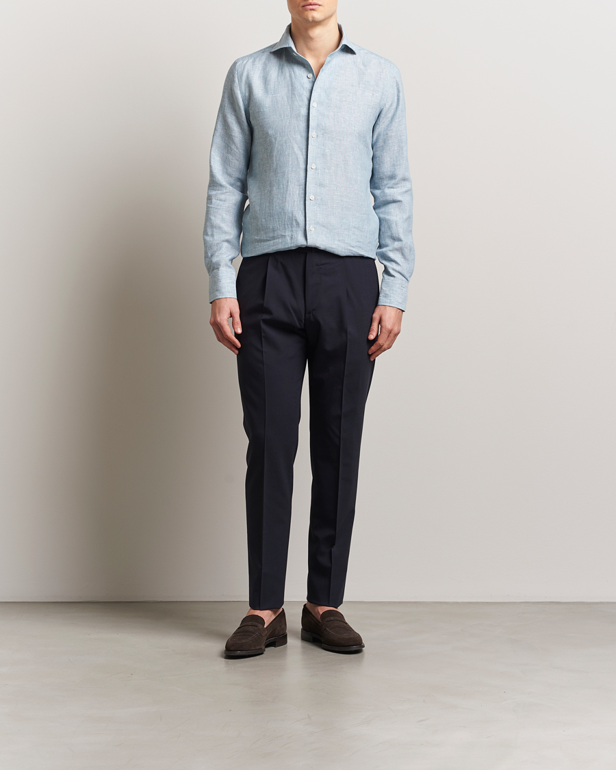 Men | Shirts | 100Hands | Cut Away Linen Shirt Blue