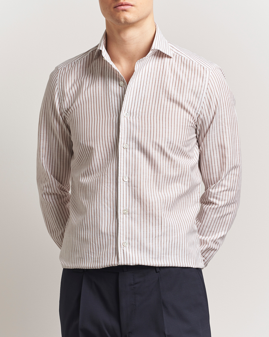 Men | Shirts | 100Hands | Cut Away Striped Linen Shirt Brown