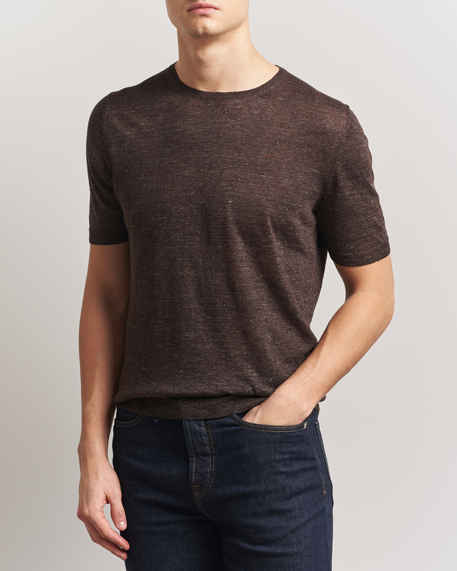 Men | T-Shirts | Gran Sasso | Knitted Linen T-Shirt Dark Brown Melange