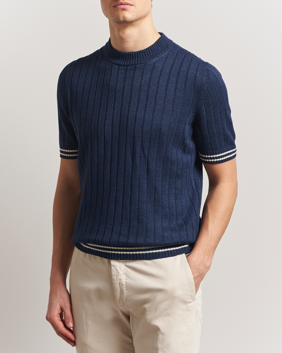 Men | T-Shirts | Gran Sasso | Linen/Cotton Structured T-Shirt Navy