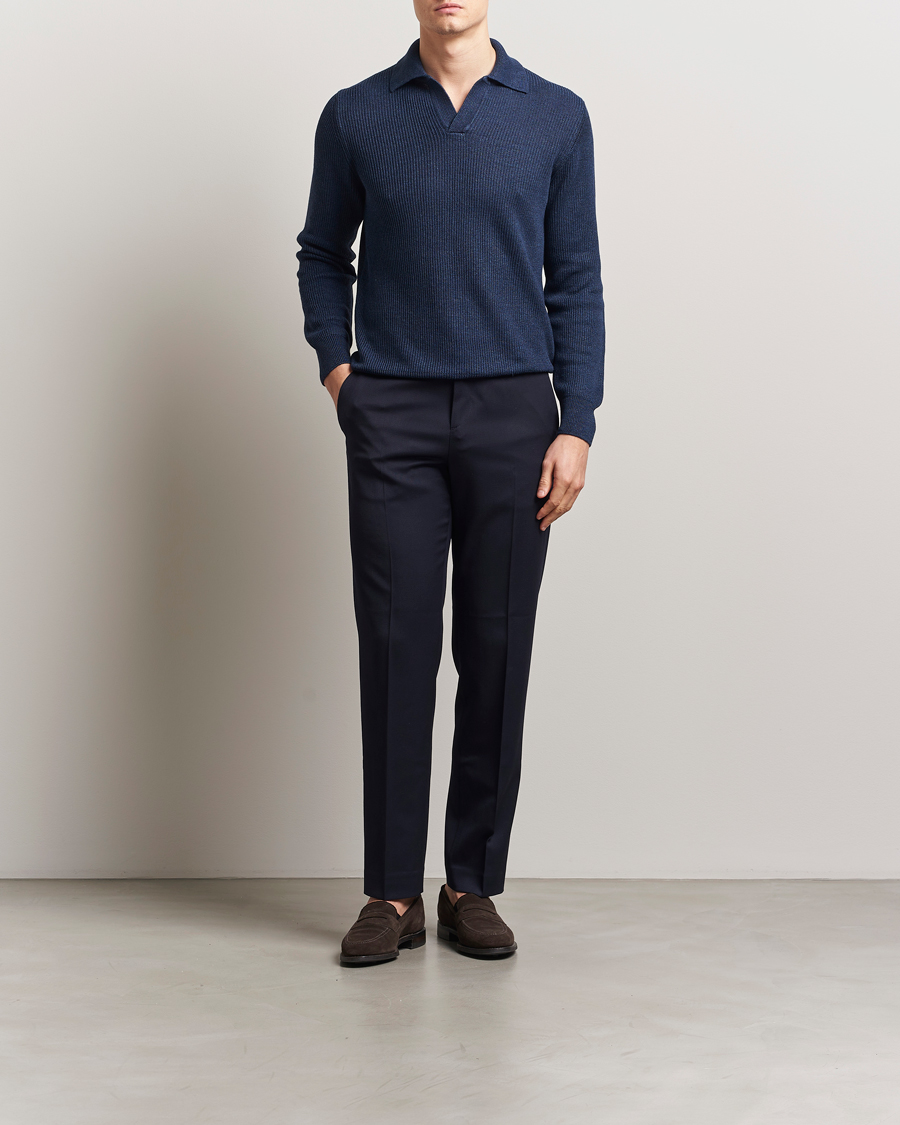 Men | Sweaters & Knitwear | Gran Sasso | Linen/Cotton Open Collar Knitted Polo Navy Melange