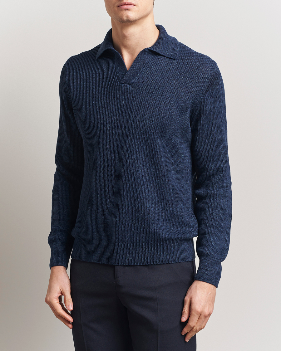 Men | Sweaters & Knitwear | Gran Sasso | Linen/Cotton Open Collar Knitted Polo Navy Melange