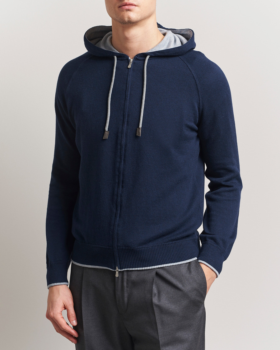 Men | Sweaters & Knitwear | Gran Sasso | Cotton/Cashmere Knitted Hooded Full Zip Navy