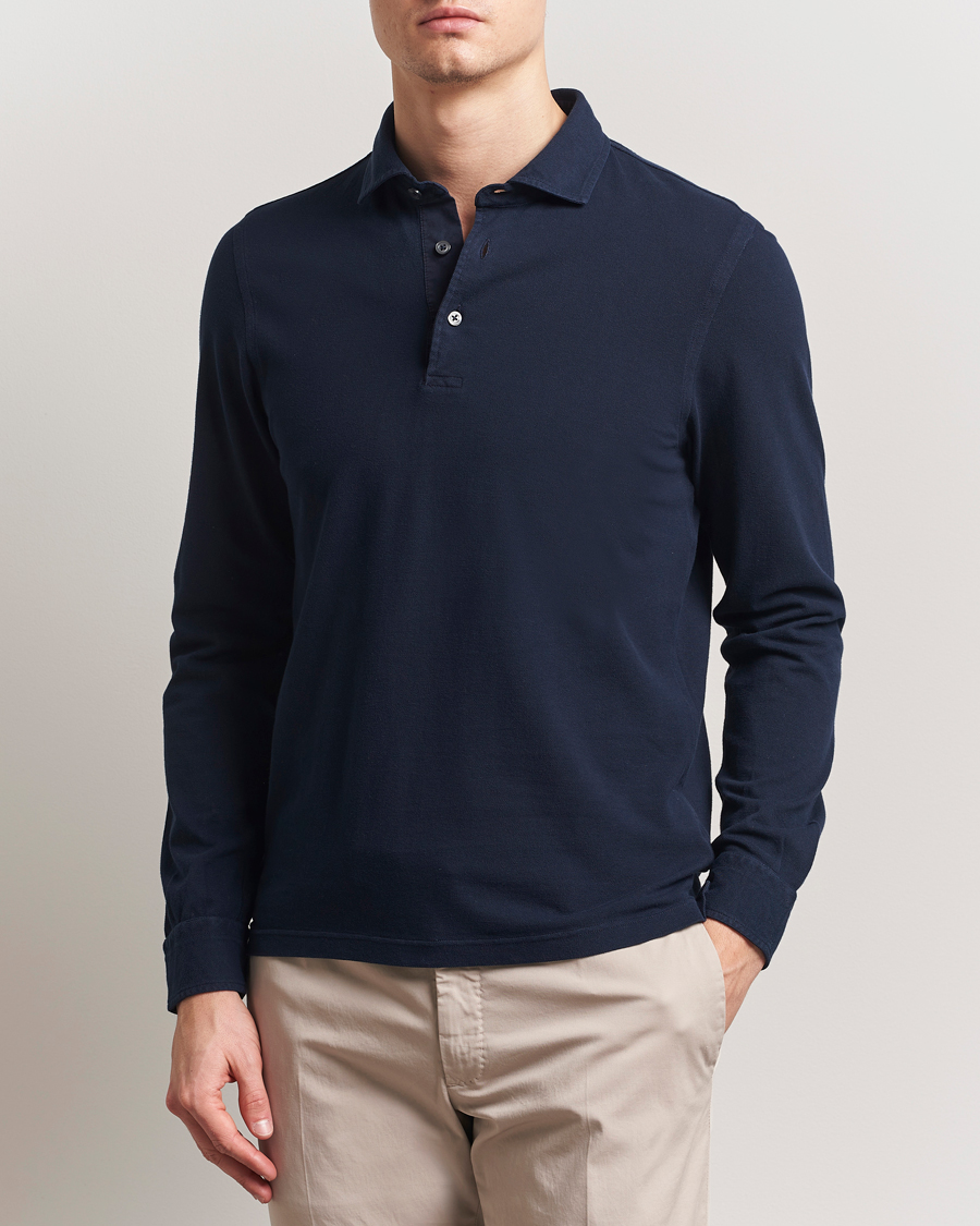 Men | Polo Shirts | Gran Sasso | Washed Long Sleeve Polo Navy