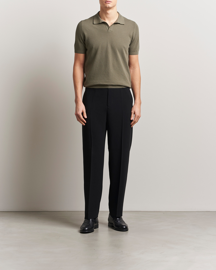 Men | Polo Shirts | Gran Sasso | Cotton Structured Knitted Open Collar Polo Olive