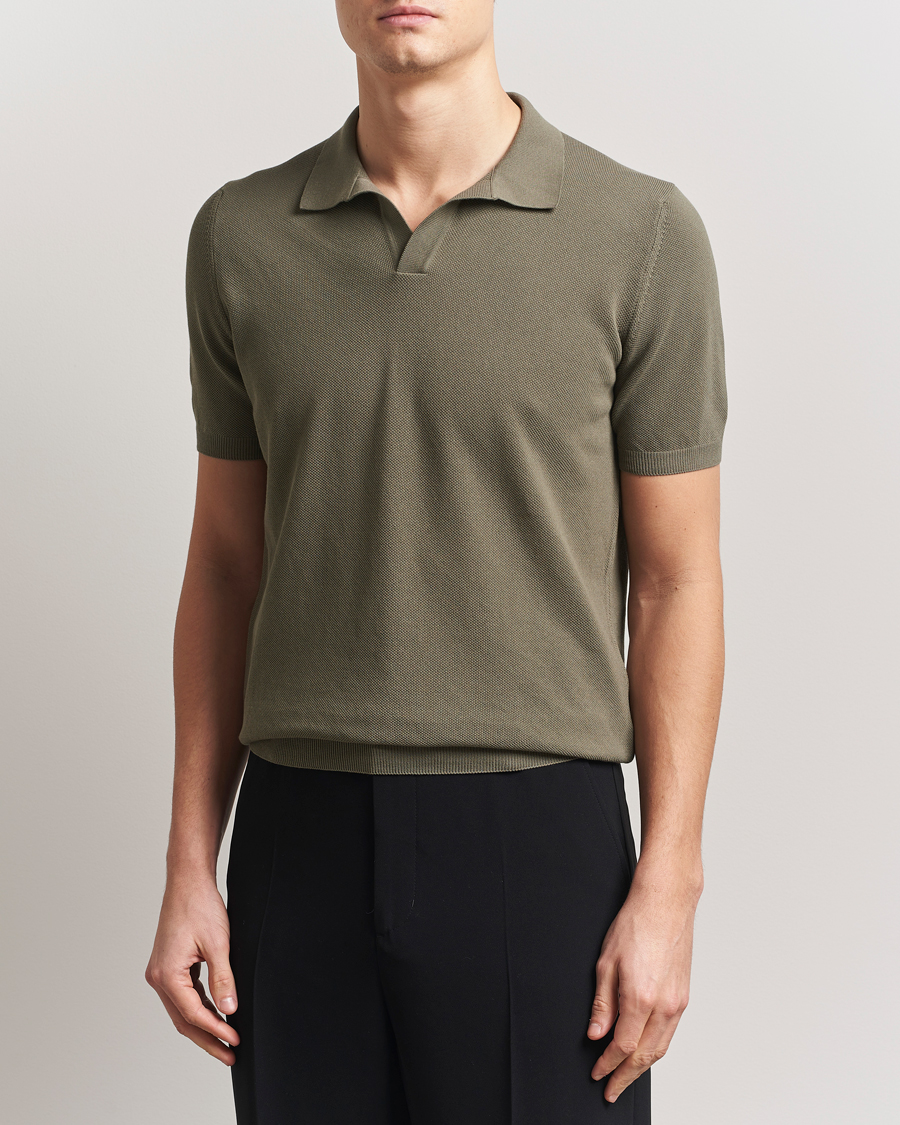 Men | Polo Shirts | Gran Sasso | Cotton Structured Knitted Open Collar Polo Olive