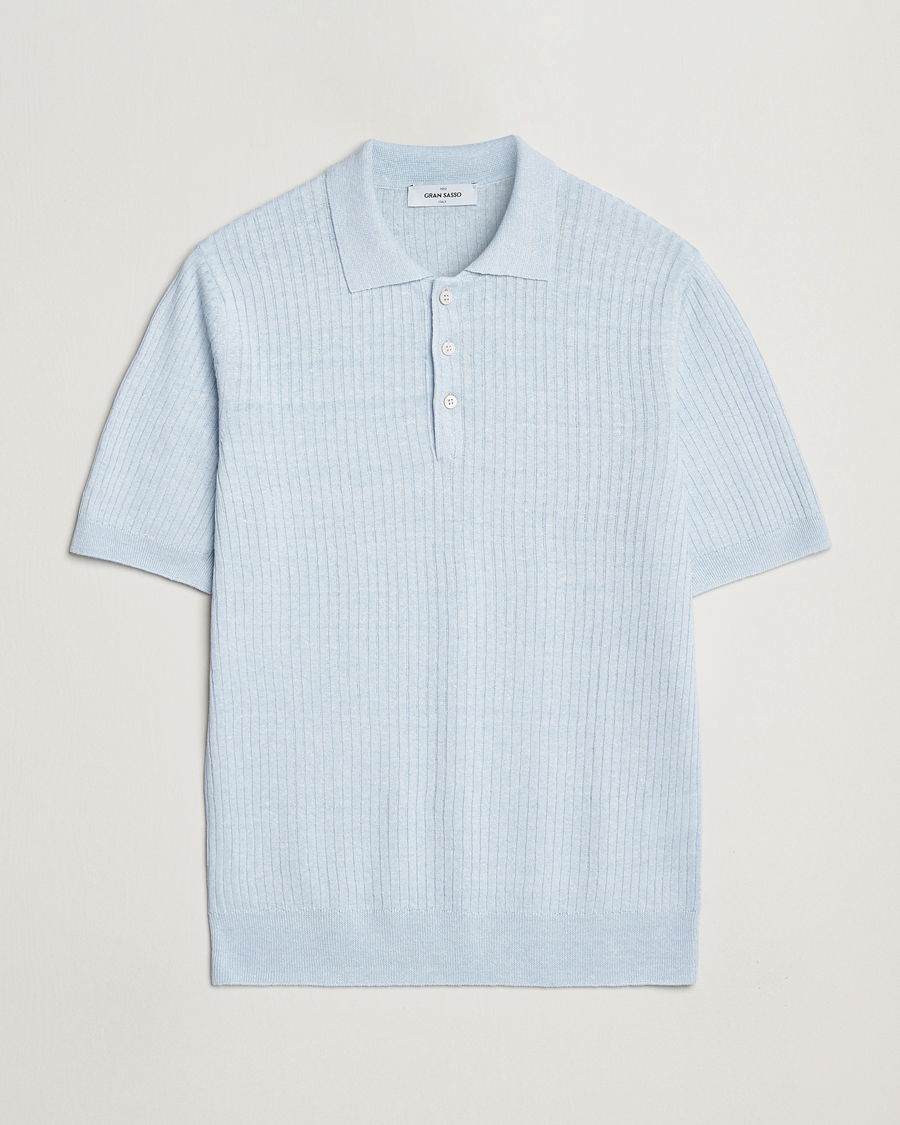 Men | Polo Shirts | Gran Sasso | Linen/Cotton Structured Knitted Polo Blue Melange
