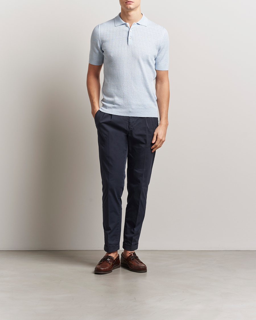 Men | Polo Shirts | Gran Sasso | Linen/Cotton Structured Knitted Polo Blue Melange