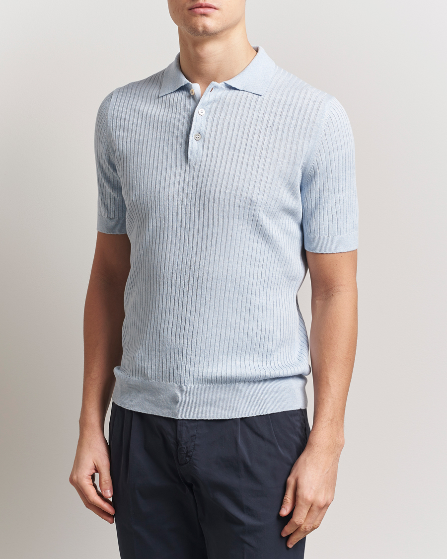 Men | Polo Shirts | Gran Sasso | Linen/Cotton Structured Knitted Polo Blue Melange