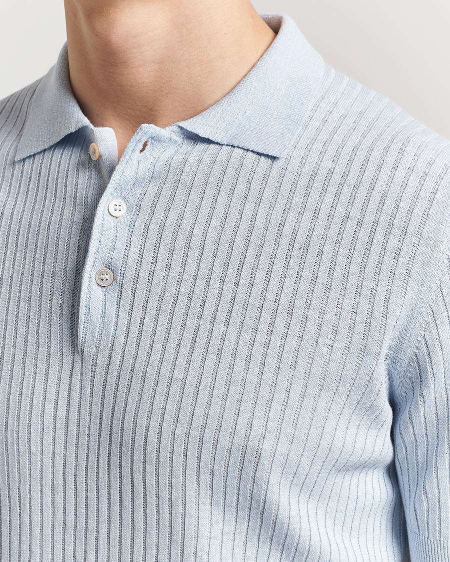 Men | Polo Shirts | Gran Sasso | Linen/Cotton Structured Knitted Polo Blue Melange