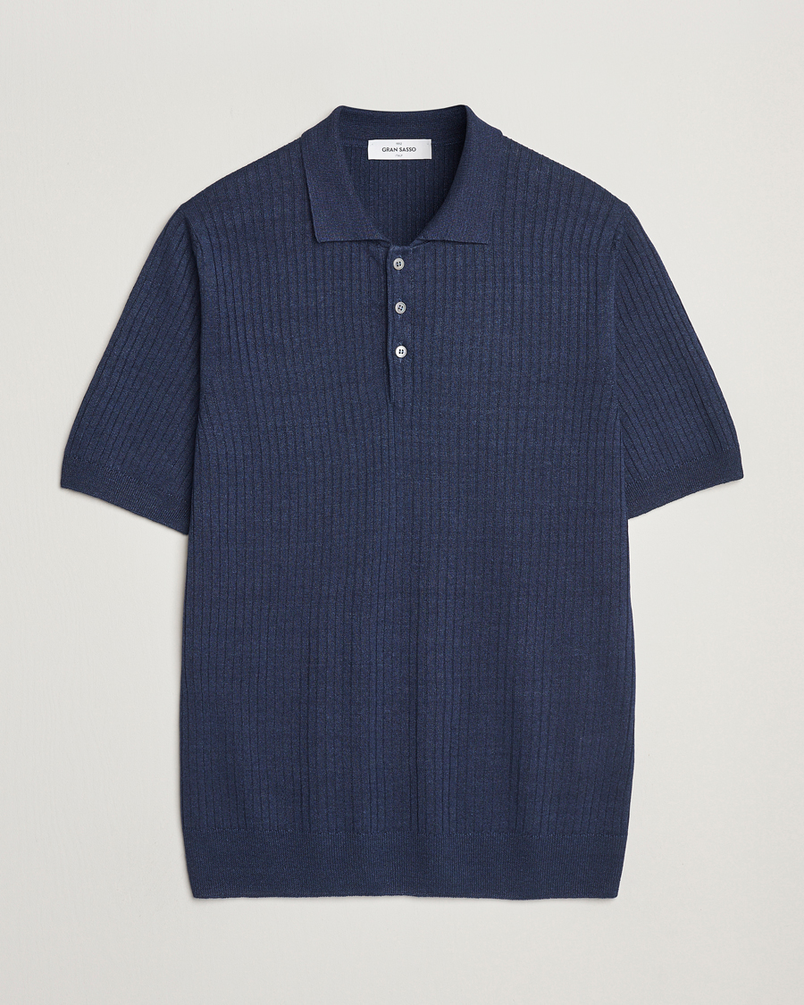 Men | Polo Shirts | Gran Sasso | Linen/Cotton Structured Knitted Polo Navy Melange