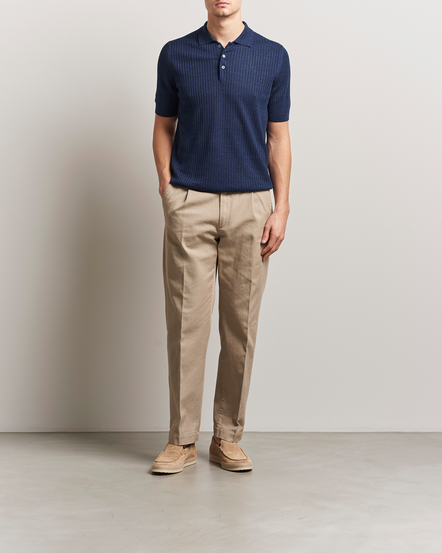 Men | Polo Shirts | Gran Sasso | Linen/Cotton Structured Knitted Polo Navy Melange