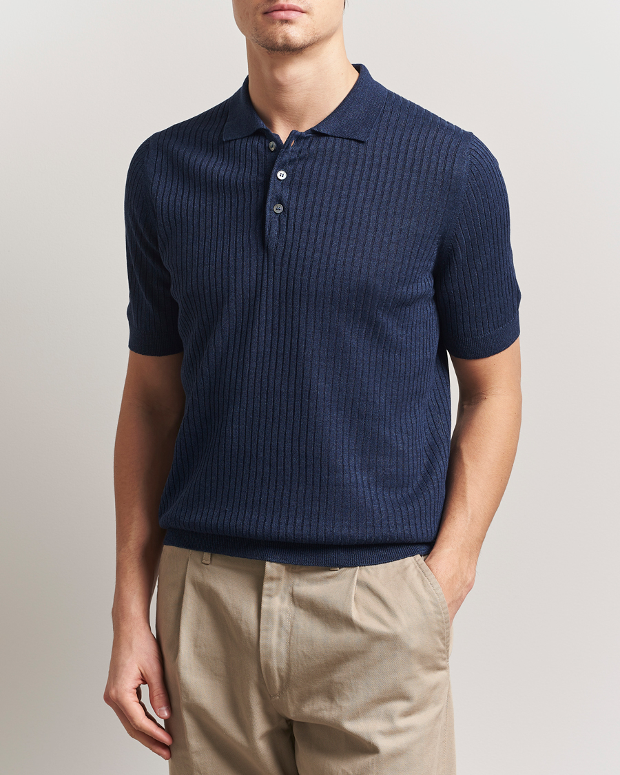 Men | Polo Shirts | Gran Sasso | Linen/Cotton Structured Knitted Polo Navy Melange