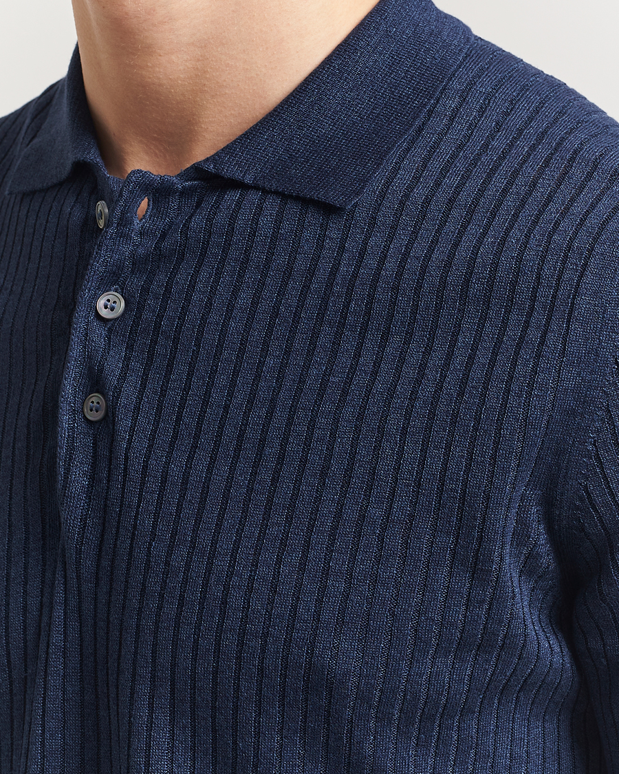 Men | Polo Shirts | Gran Sasso | Linen/Cotton Structured Knitted Polo Navy Melange