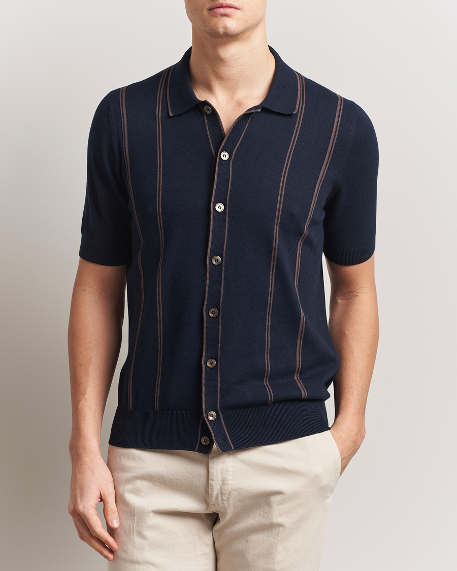 Men | Shirts | Gran Sasso | Cotton Knitted Striped Short Sleeve Shirt Navy