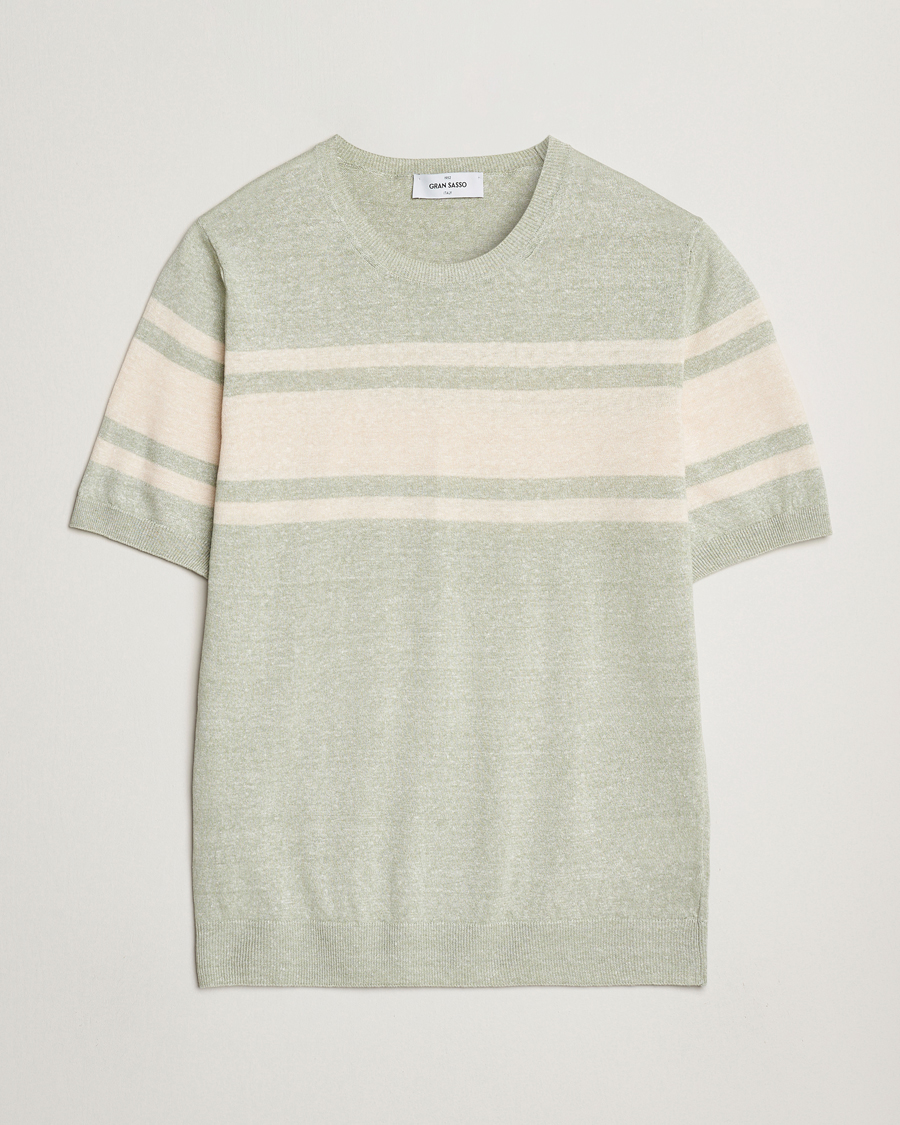 Men | T-Shirts | Gran Sasso | Linen/Cotton Striped Crew Neck T-Shirt Light Green