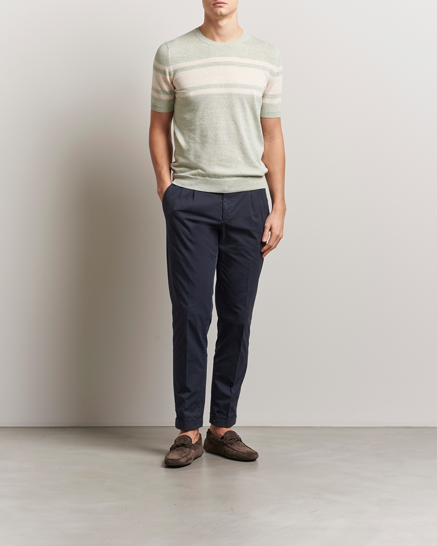 Men | T-Shirts | Gran Sasso | Linen/Cotton Striped Crew Neck T-Shirt Light Green
