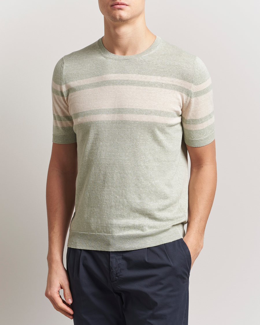Men | T-Shirts | Gran Sasso | Linen/Cotton Striped Crew Neck T-Shirt Light Green