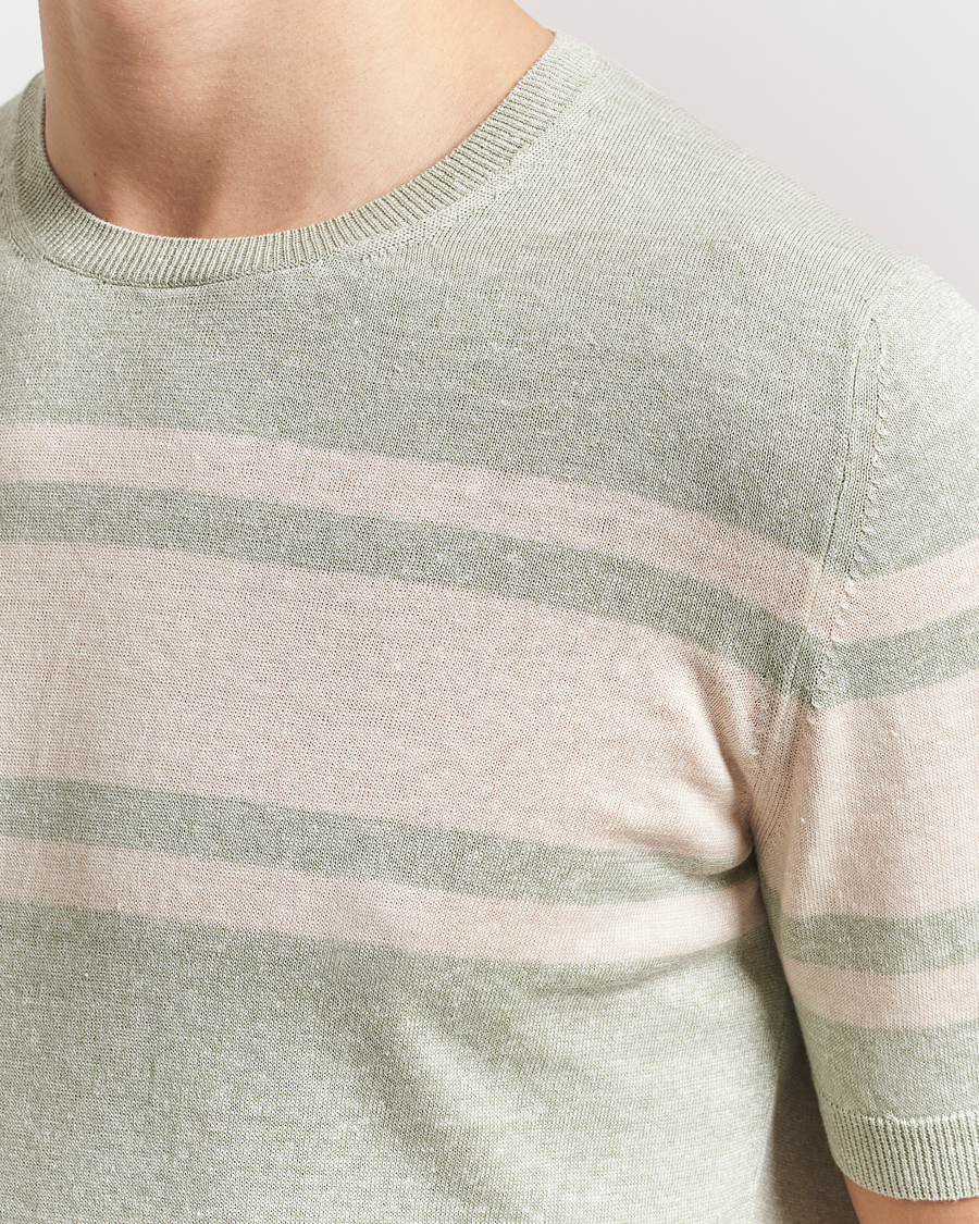 Men | T-Shirts | Gran Sasso | Linen/Cotton Striped Crew Neck T-Shirt Light Green