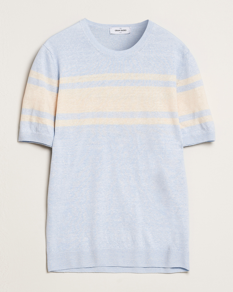 Men | T-Shirts | Gran Sasso | Linen/Cotton Striped Crew Neck T-Shirt Light Blue