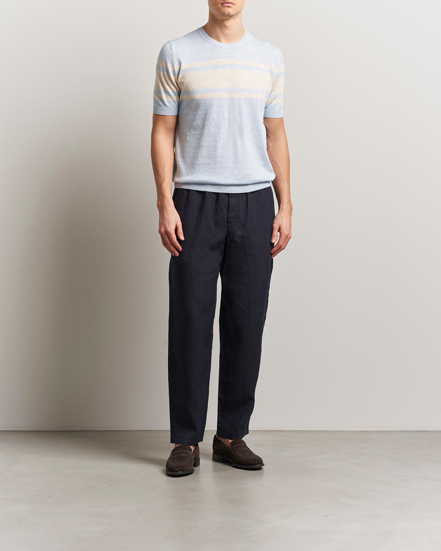 Men | T-Shirts | Gran Sasso | Linen/Cotton Striped Crew Neck T-Shirt Light Blue