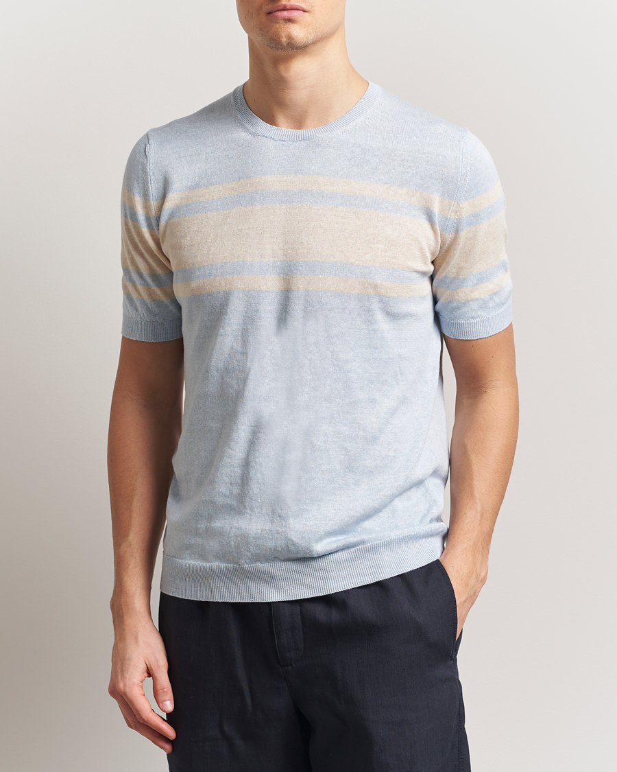 Men | T-Shirts | Gran Sasso | Linen/Cotton Striped Crew Neck T-Shirt Light Blue