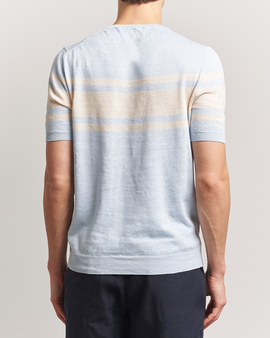 Men | T-Shirts | Gran Sasso | Linen/Cotton Striped Crew Neck T-Shirt Light Blue