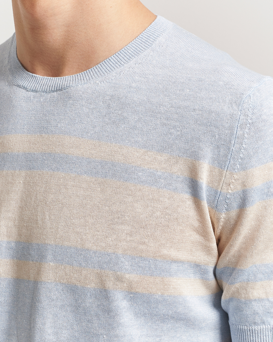 Men | T-Shirts | Gran Sasso | Linen/Cotton Striped Crew Neck T-Shirt Light Blue