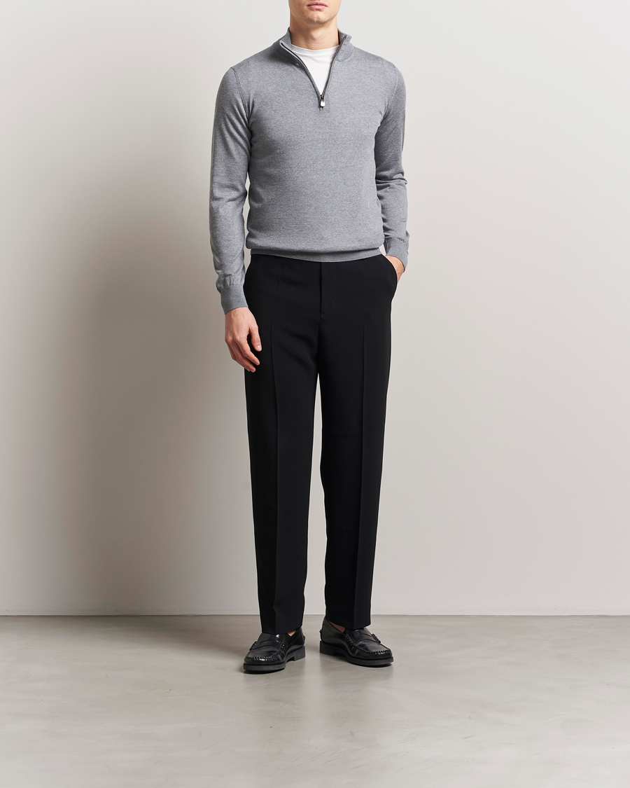Men | Sweaters & Knitwear | Piacenza Cashmere | Merino Wool Crew Neck Half Zip Light Grey