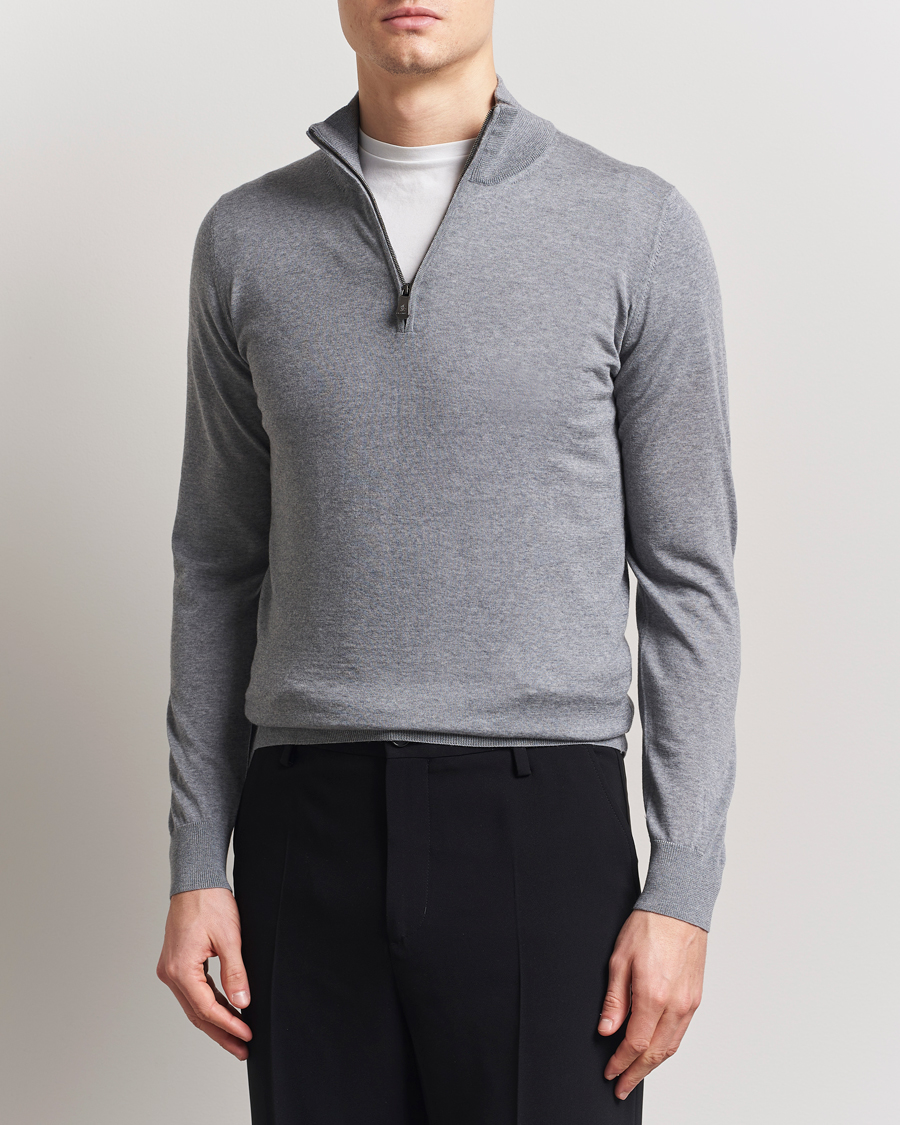 Men | Sweaters & Knitwear | Piacenza Cashmere | Merino Wool Crew Neck Half Zip Light Grey