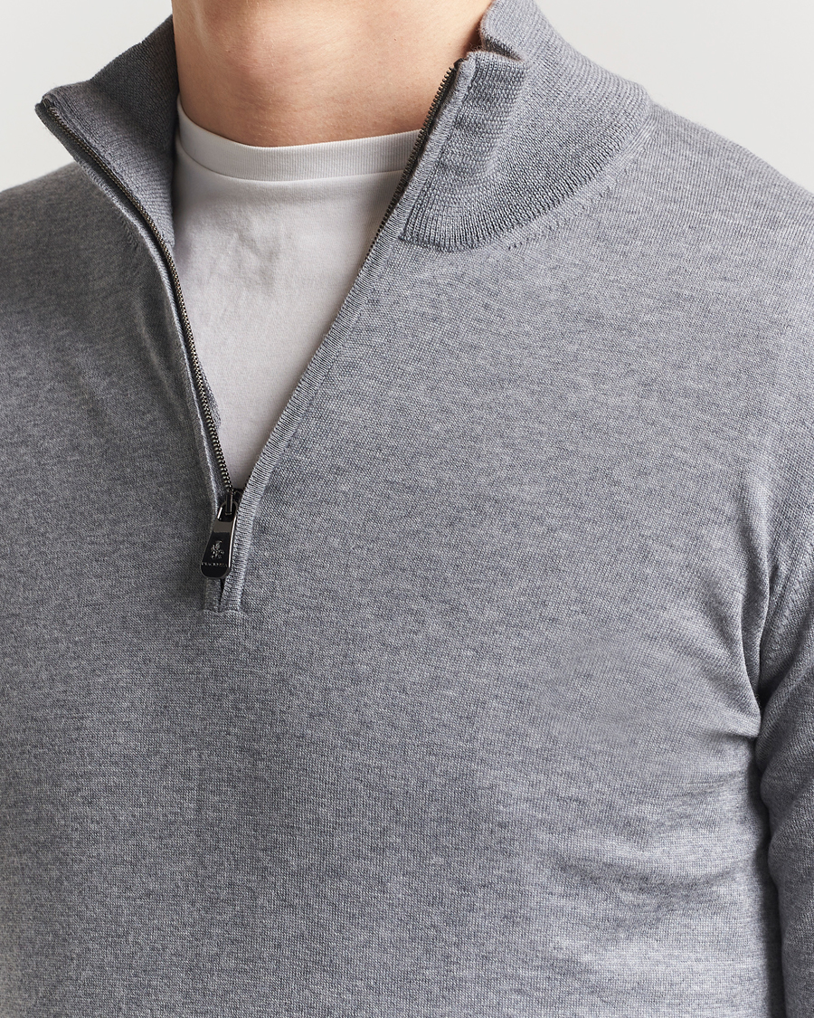 Men | Sweaters & Knitwear | Piacenza Cashmere | Merino Wool Crew Neck Half Zip Light Grey
