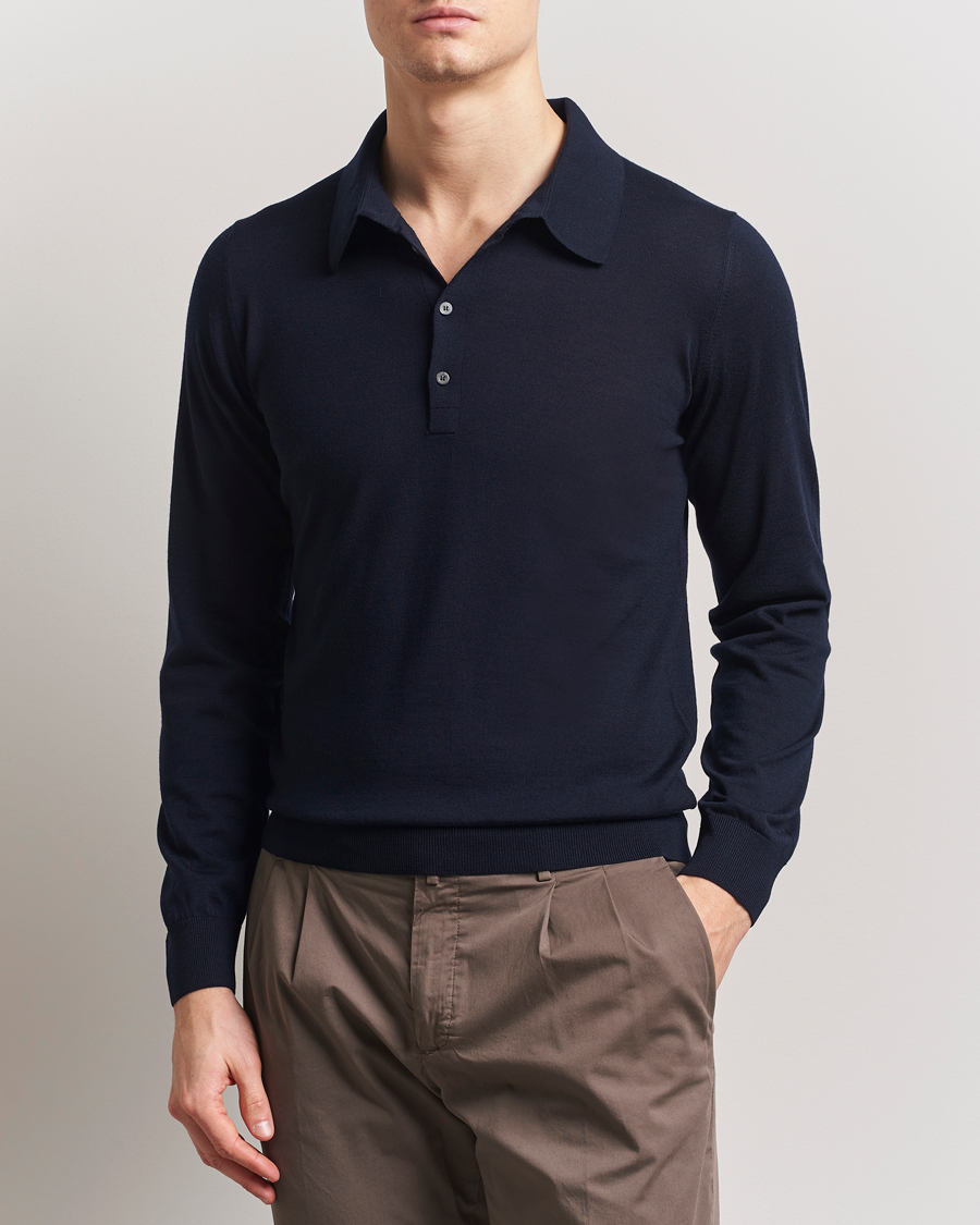Men | Sweaters & Knitwear | Piacenza Cashmere | Merino Wool Long Sleeve Polo Navy