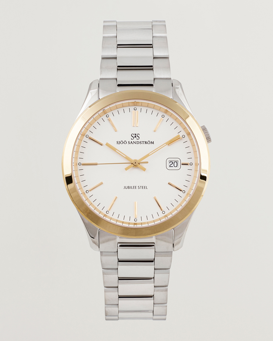 Men | Sjöö Sandström Jubilee Steel Quartz 40mm Gold Bezel White/Steel | Sjöö Sandström | Jubilee Steel Quartz 40mm Gold Bezel White/Steel