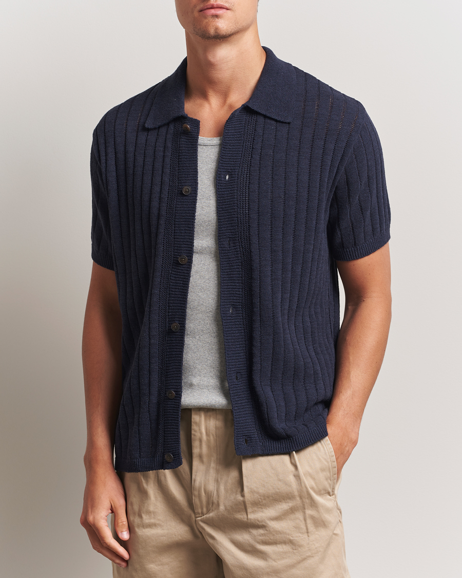 Men | Shirts | LES DEUX | Floyd Knitted Linen Short Sleeve Shirt Dark Navy