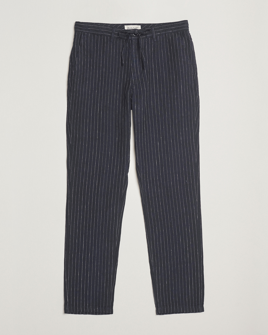 Men | Trousers | GANT | Relaxed Fit Linen Pinstriped Trousers Darkened Navy